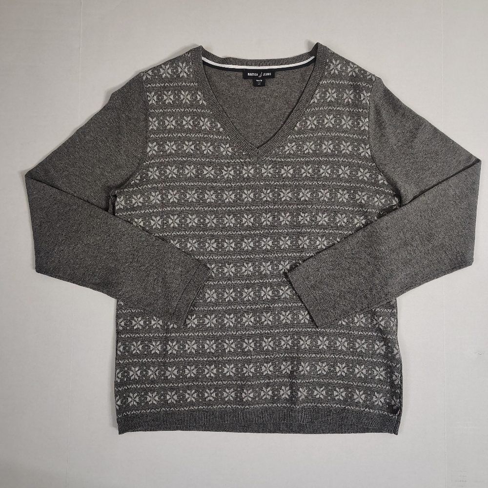 Nautica Jeans Gray Sparkle Snowflake Long Sleeve V Neck Sweater Women's Medium